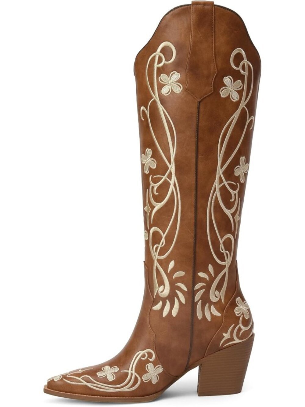 Women's Light Brown Knee High Vintage Cowboy Boots with Floral Embroidered
